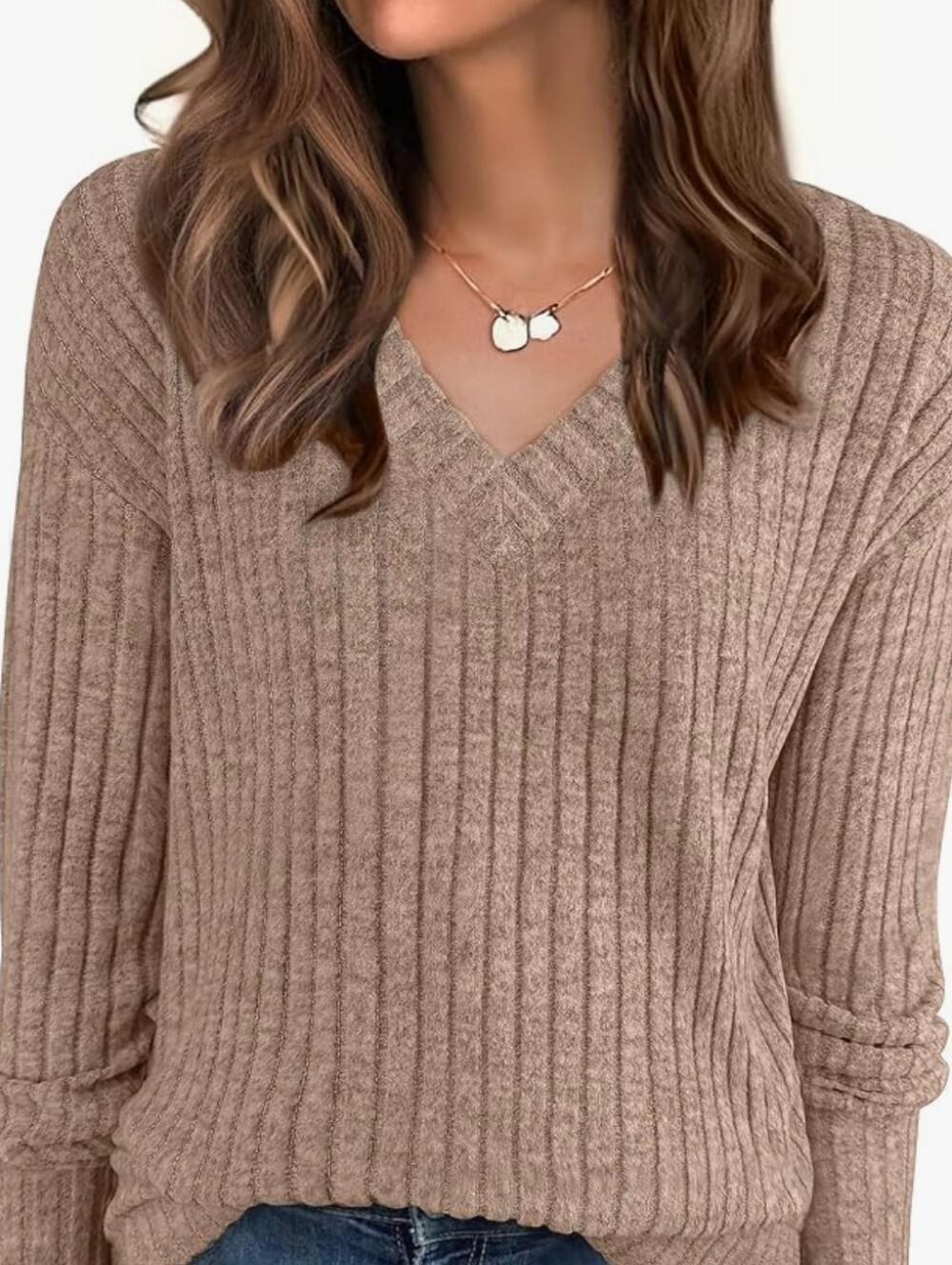 NWT Anrabess Ribbed V Neck Womens Long Sleeve Shirt Size Medium Deep Khaki